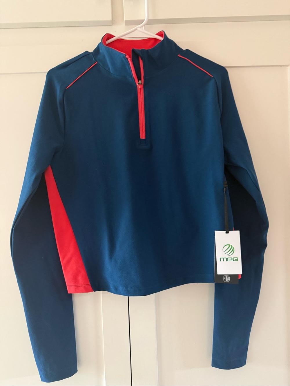 NWT MPG Navy Coral 1/4 Zip Athletic Cropped Pullover Top Stretch Activewear